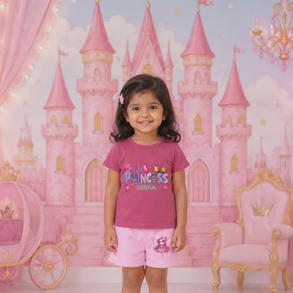 Personalized Little Princess Kids Co-Ord Set | Custom Name Cotton T-Shirt & Shorts | Princess Castle Outfit for Girls