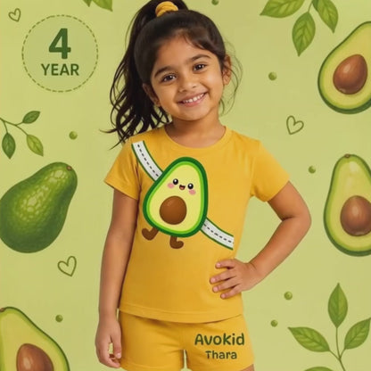 Personalized Avocado Kids Co-Ord Set | Custom Name Cotton T-Shirt & Shorts for Boys & Girls