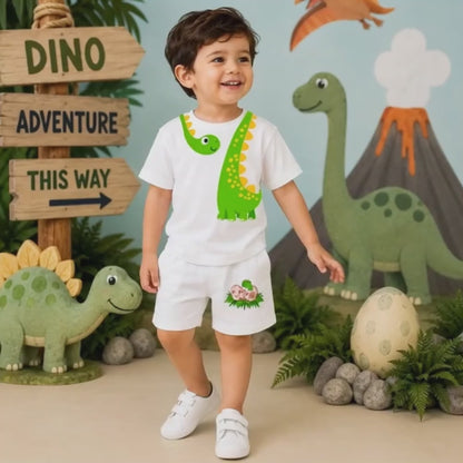 Personalized Dinosaur Kids Co-Ord Set | Custom Name Cotton T-Shirt & Shorts for Boys & Girls