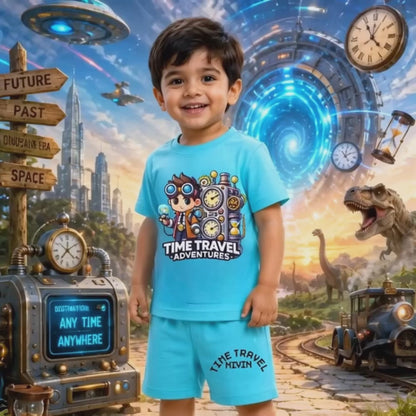 Time Travel Adventures Kids Co-Ord Set | Custom Name Cotton T-Shirt & Shorts for Boys & Girls