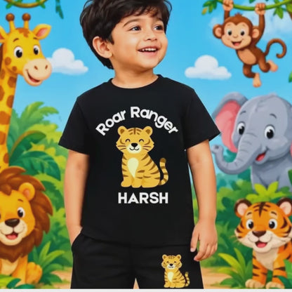 Roar Ranger Kids Co-Ord Set | Custom Name Cotton T-Shirt & Shorts for Boys & Girls