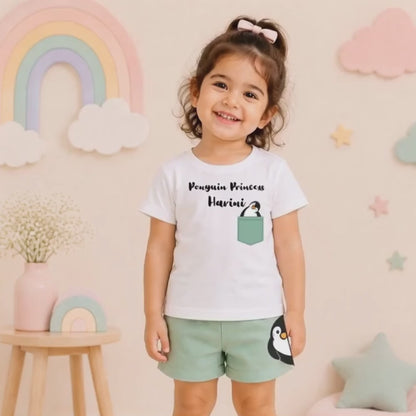 Personalized Penguin Kids Co-Ord Set | Custom Name Cotton T-Shirt & Shorts for Boys & Girls