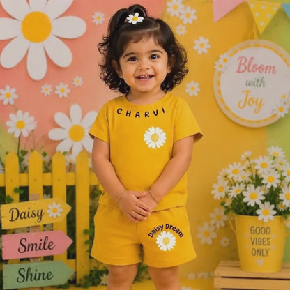 Personalized Daisy Kids Co-Ord Set | Custom Name Cotton T-Shirt & Shorts for Girls