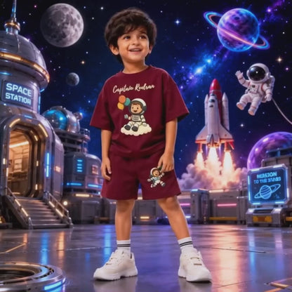 Space Explorer Kids Co-Ord Set | Custom Name Astronaut Cotton T-Shirt & Shorts for Boys & Girls