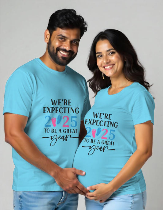 Aquablue Maternity Couple Matching t-shirt with the text 'We're expecting to be a GREAT YEAR' and Baby Foot Design printed 