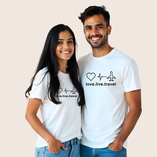 white Couple t-shirts with 'love.live.travel' 