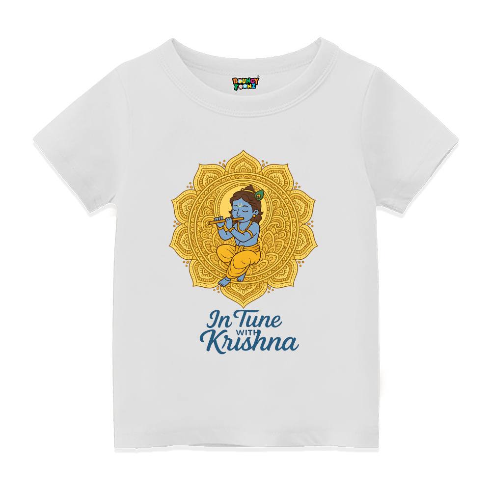 White t-shirt with a mandala design and 'In Tune with Krishna' text 