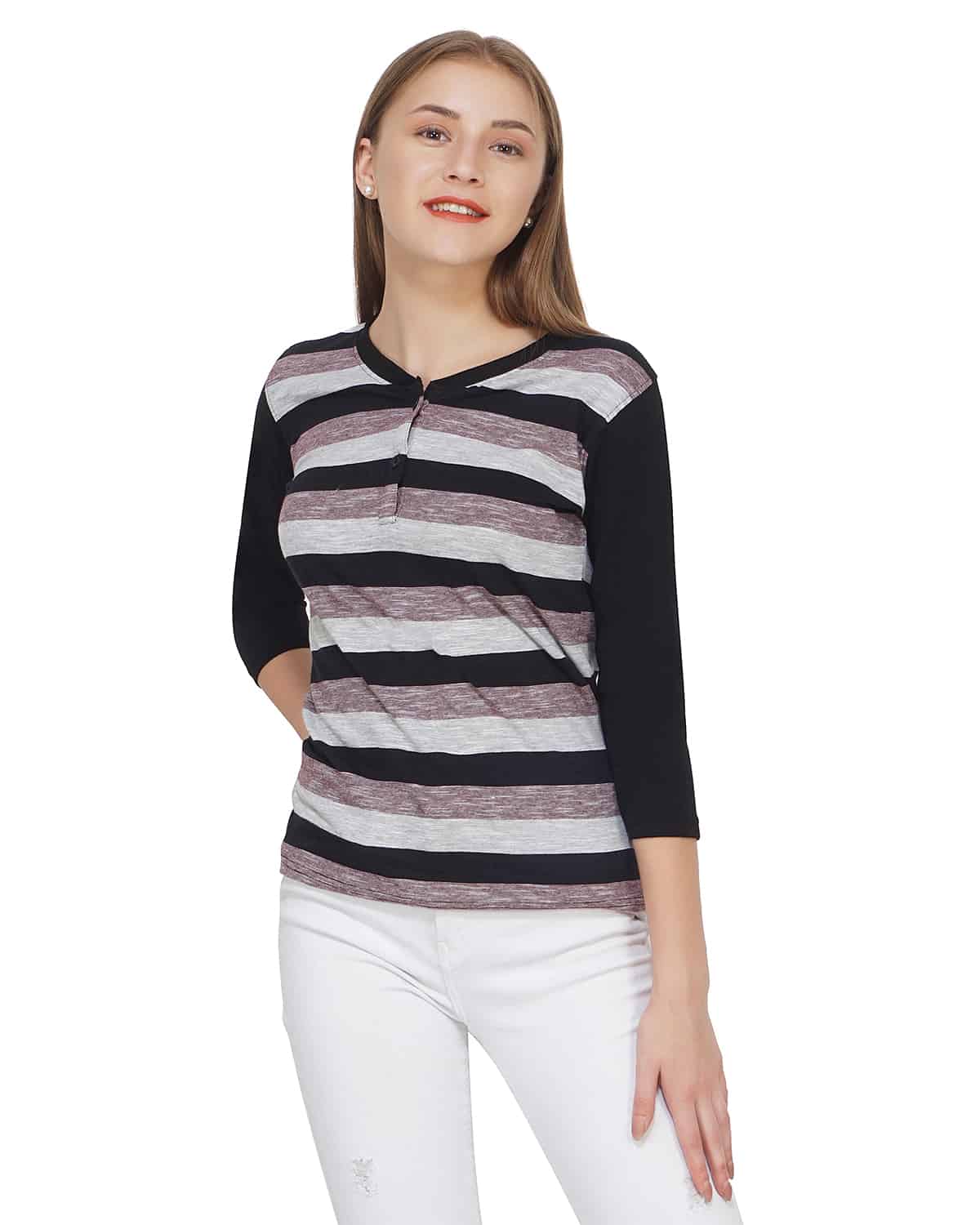 Black Stripe T-Shirt women multi full sleeves