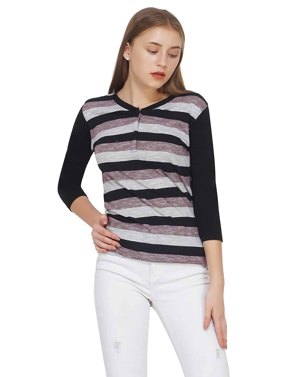 Black Stripe T-Shirt women multi full sleeves