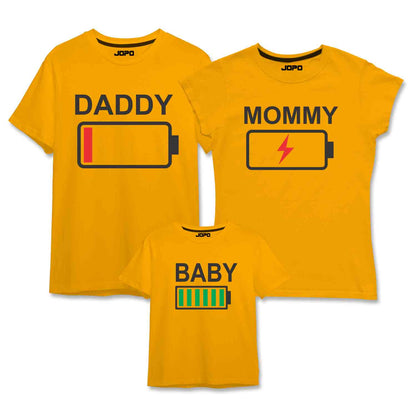 Full Charged Battery Matching Family T-Shirts Set of 3 Mom, Dad, Daughter