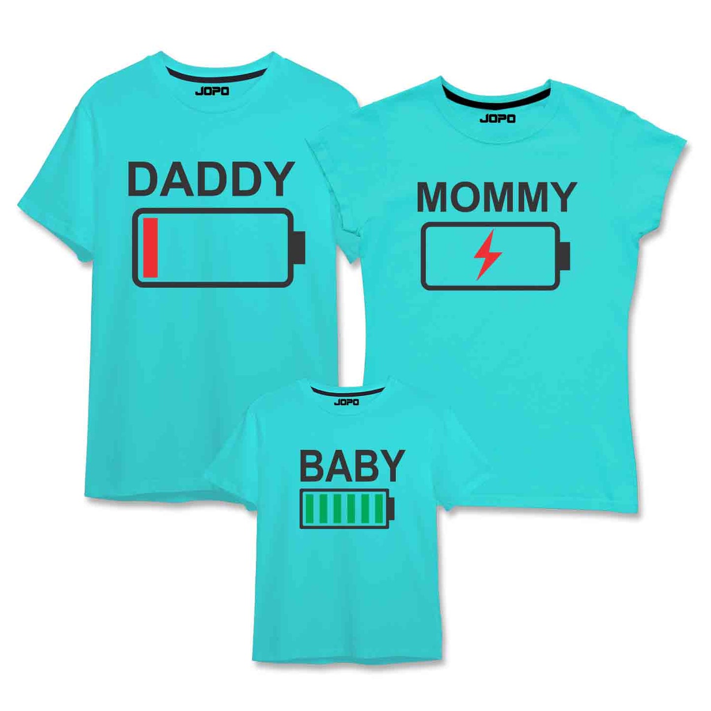 Full Charged Battery Matching Family T-Shirts Set of 3 Mom, Dad, Daughter