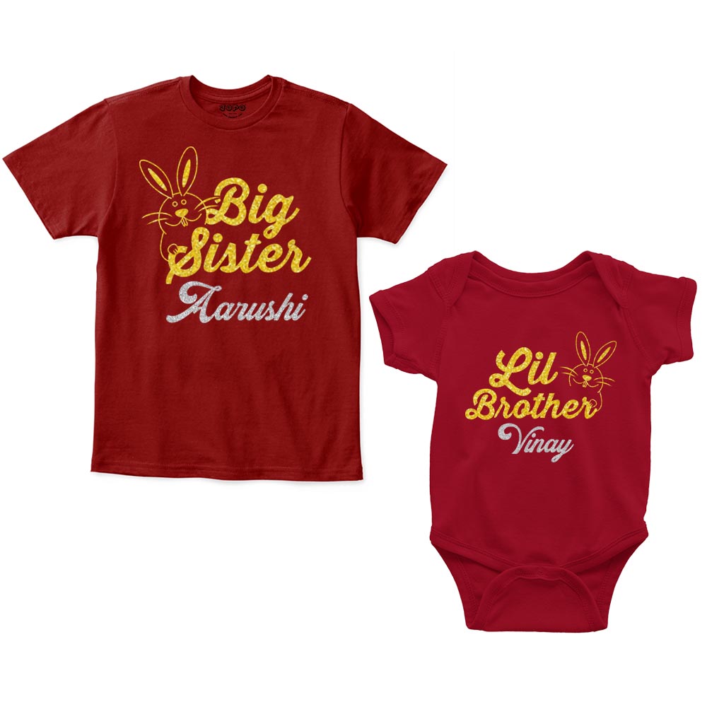 Big Sister Lil Brother Custom Name Rompers with tshirt Maroon