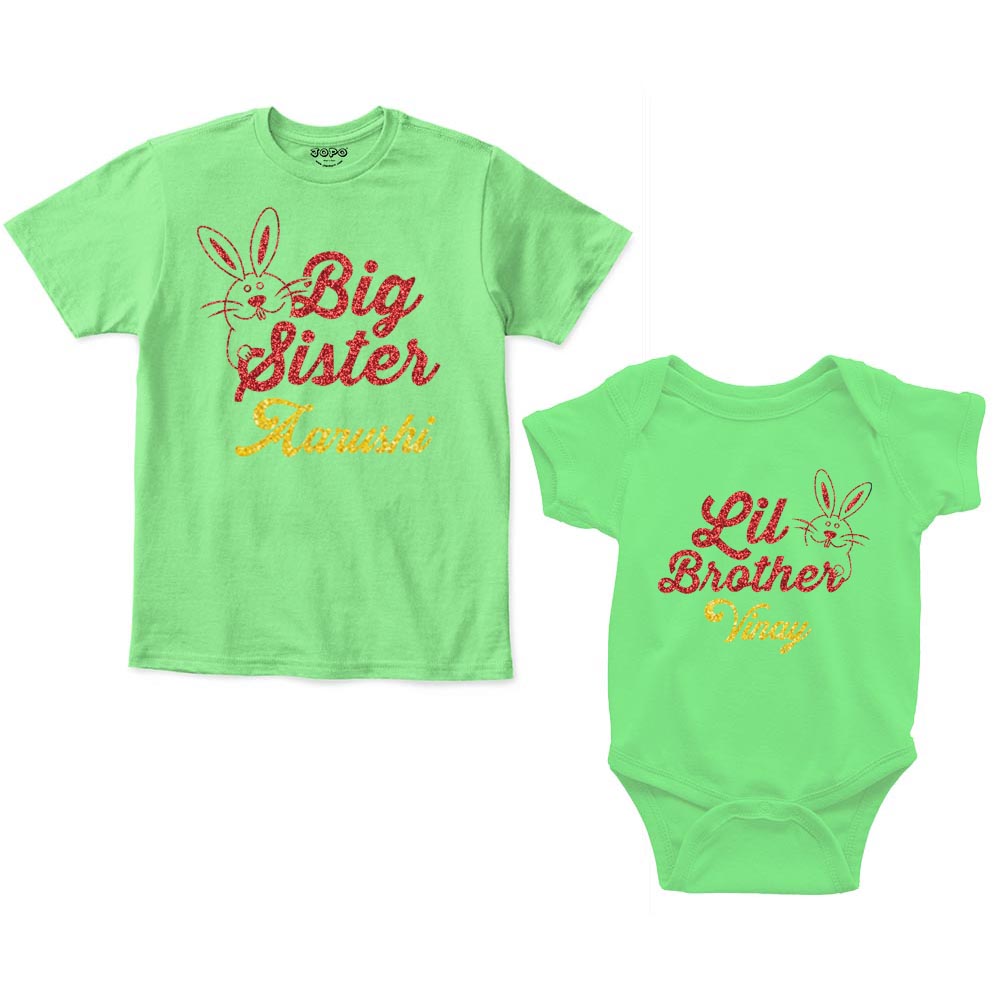 Big Sister Lil Brother Custom Name Rompers with tshirt Mint Green