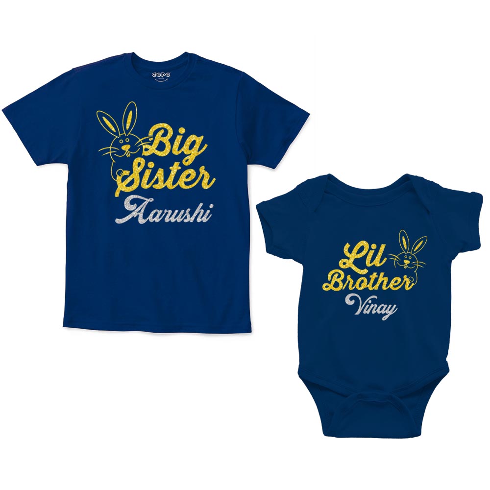Big Sister Lil Brother Custom Name Rompers with tshirt Navy