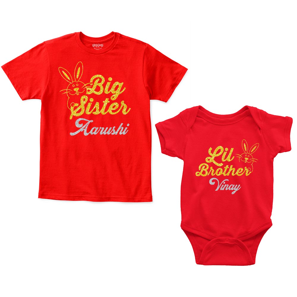 Big Sister Lil Brother Custom Name Rompers with tshirt Red