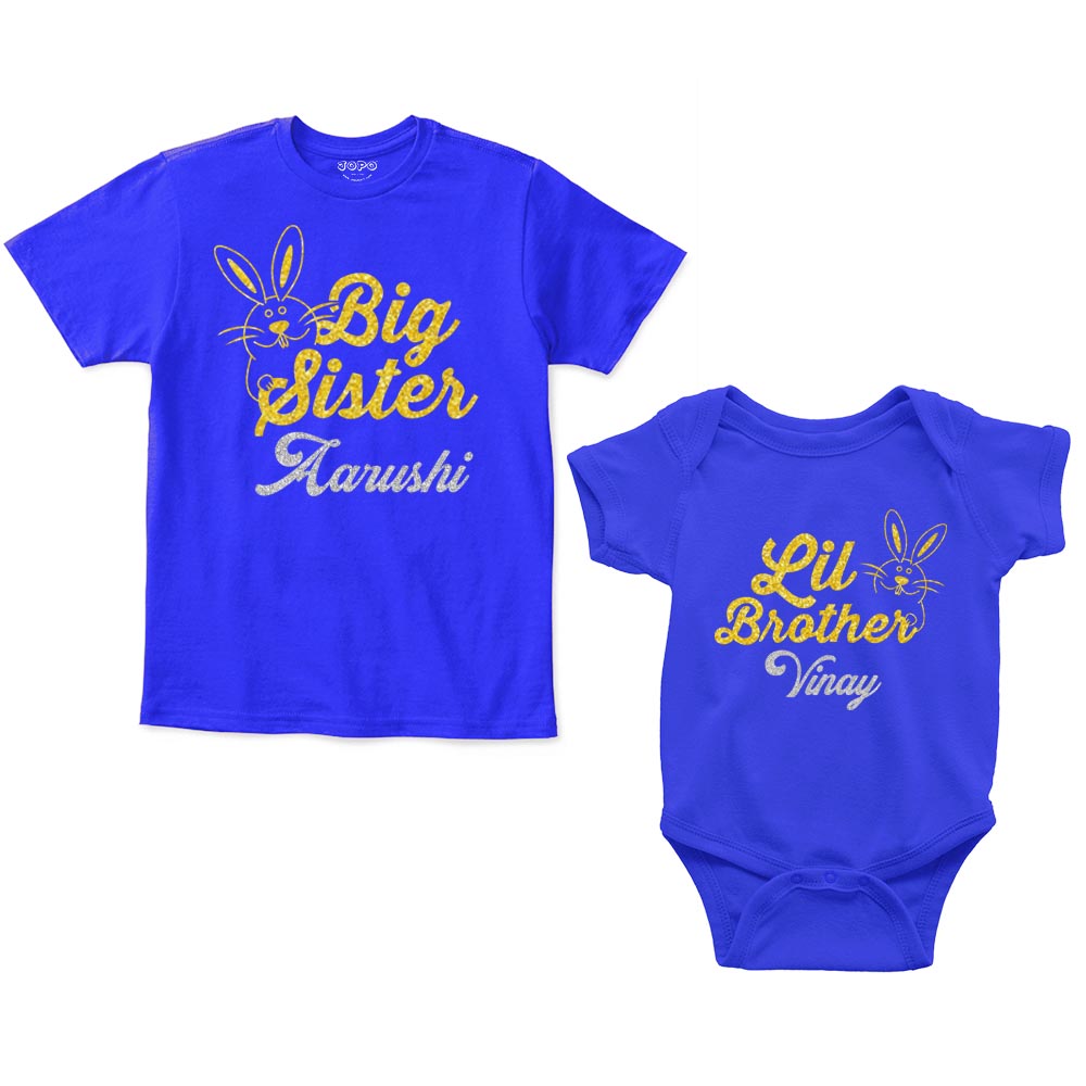 Big Sister Lil Brother Custom Name Rompers with tshirt Royal Blue