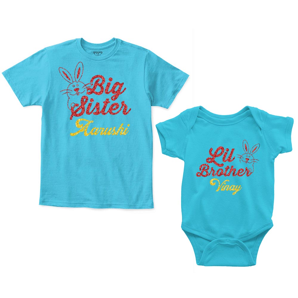 Big Sister Lil Brother Custom Name Rompers with tshirt blue