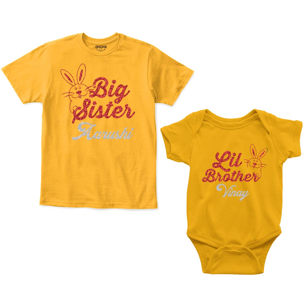Big Sister Lil Brother Custom Name Rompers with tshirt mustard