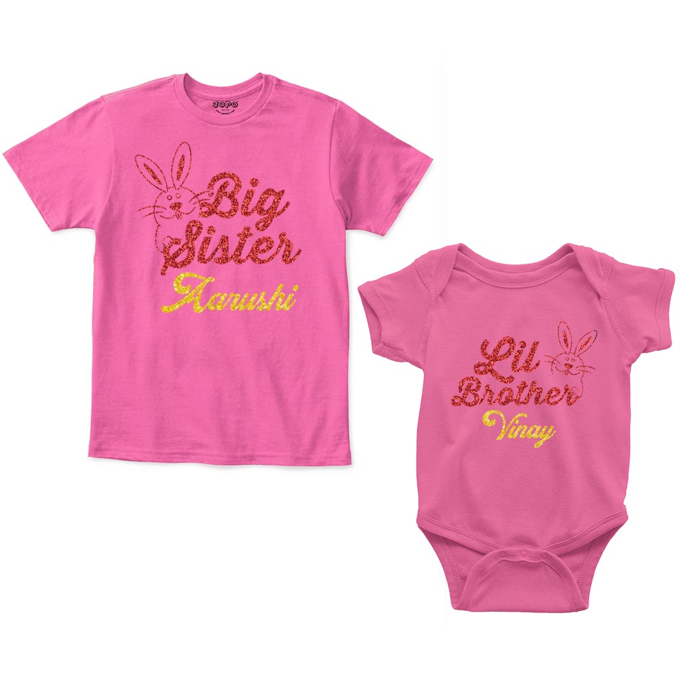 Big Sister Lil Brother Custom Name Rompers with tshirt pink