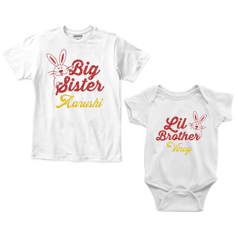 Big Sister Lil Brother Custom Name Rompers with tshirt white