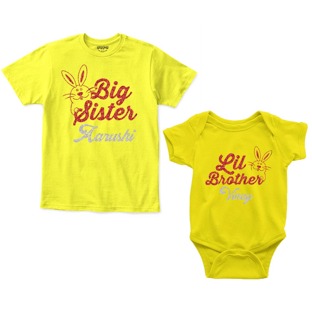 Big Sister Lil Brother Custom Name Rompers with tshirt yellow