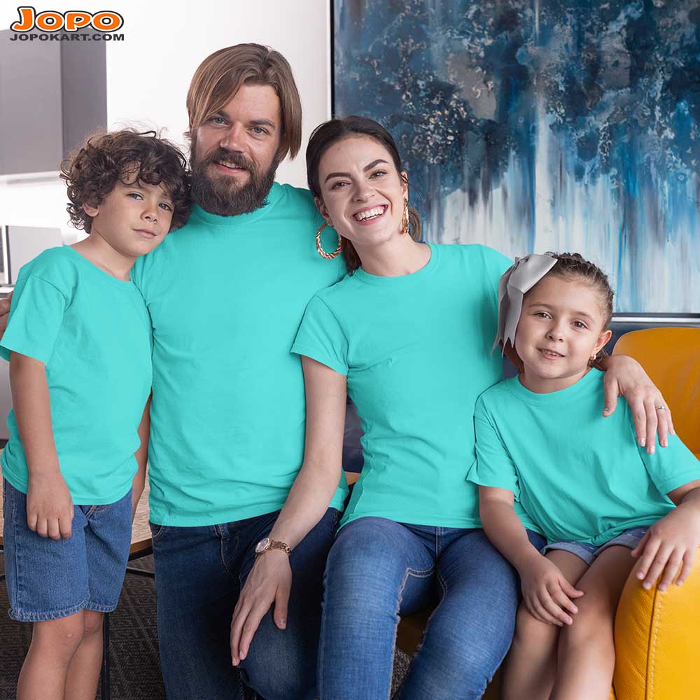 jopo family round neck half sleeve matching printed dress best outfit for outdoor photoshoot Custom image aqua blue