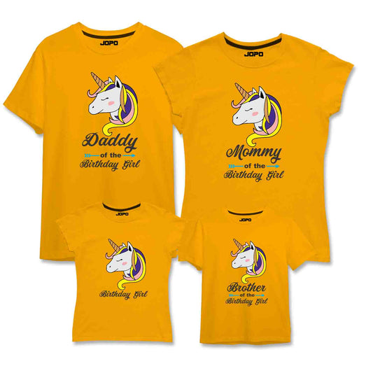 Mustard Matching t-shirts with unicorn and birthday-themed graphics. One for a 'Birthday Girl', one for a 'Birthday Boy', and one for a 'Daddy', each with customizable text.