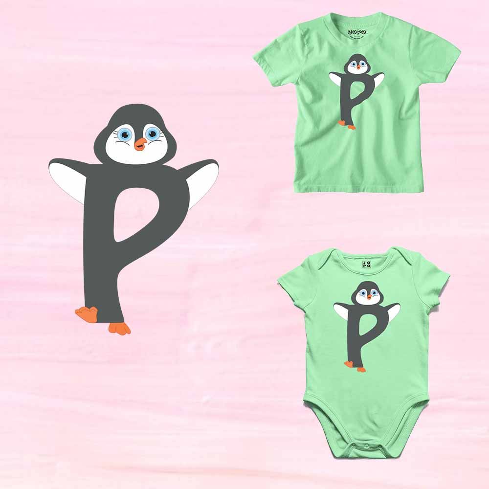 Kid's Alphabet P penguin Design Multicolor T-shirt/Romper