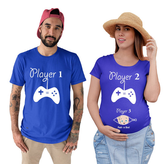 Royalblue Couple T-shirts with 'Player 1' and 'Player 2' text and game controller design Printed 