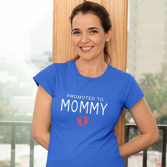 jopo promoted to mommy women tshirt celebration mode royal blue