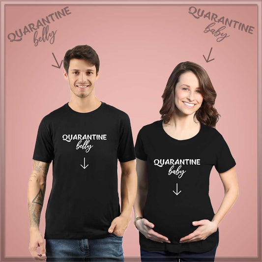 jopo maternity photoshoot ideas poses props indian pregnancy announcement quotes Proud couples goal Matching T-shirts Quarantine Belly Baby Black