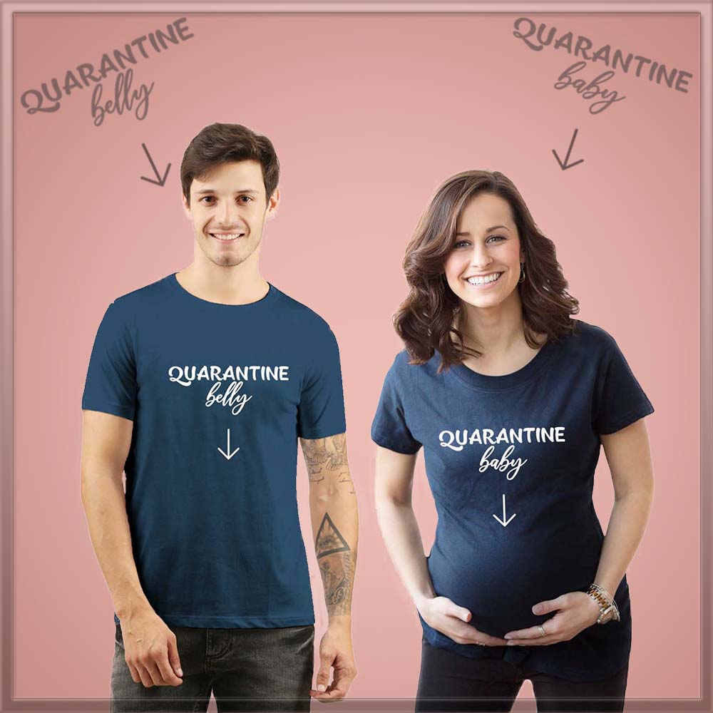 jopo maternity photoshoot ideas poses props indian pregnancy announcement quotes Proud couples goal Matching T-shirts Quarantine Belly Baby Navy Blue