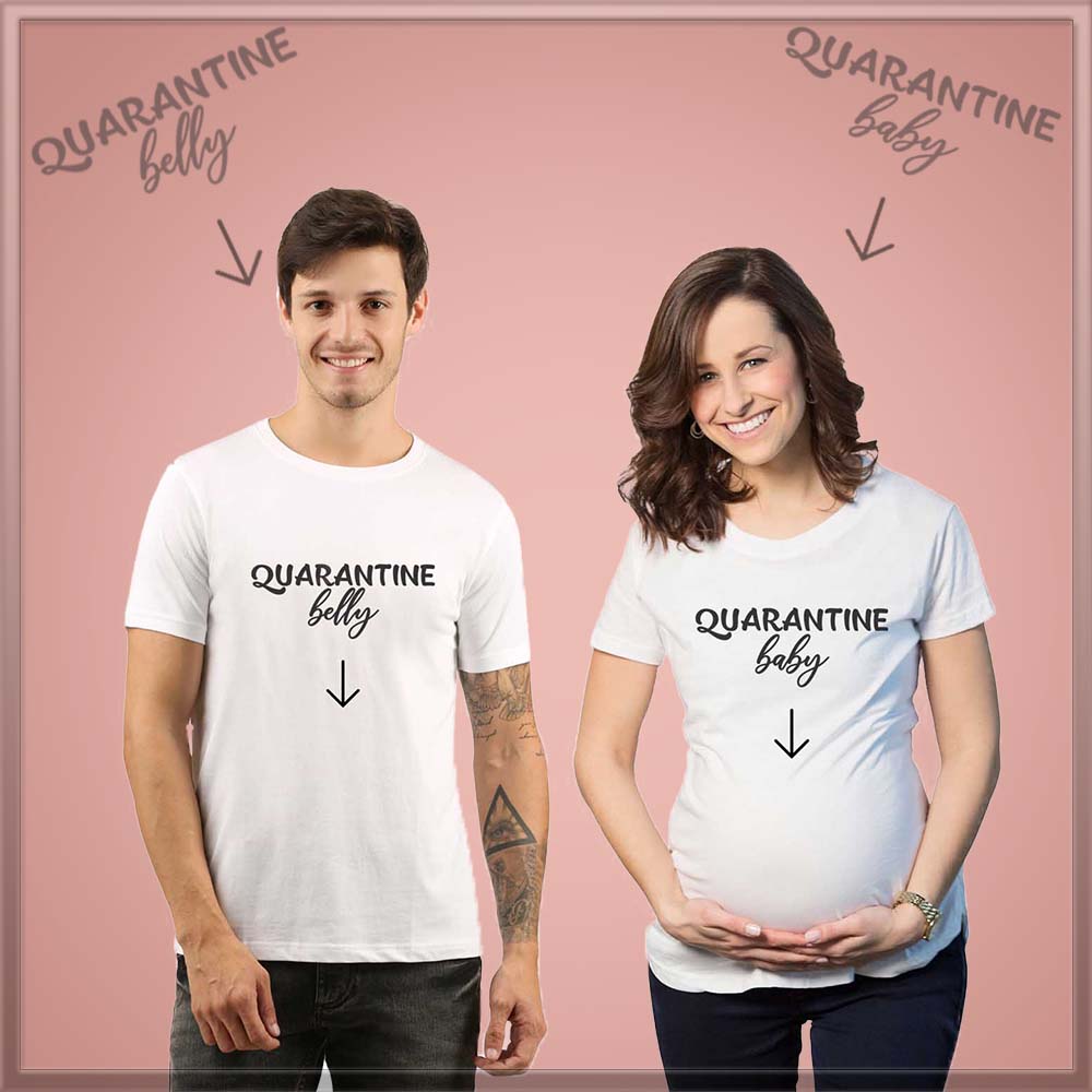 jopo maternity photoshoot ideas poses props indian pregnancy announcement quotes Proud couples goal Matching T-shirts Quarantine Belly Baby White