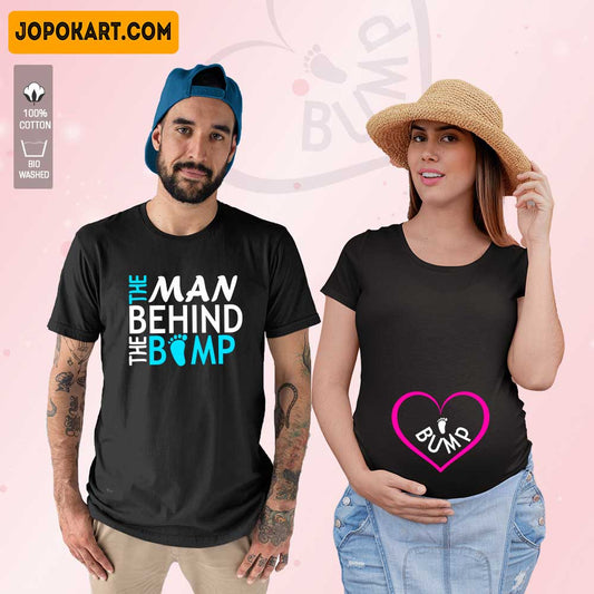Black Maternity Couple Matching Tshirt Printed as Bump and The Man Behind the Bump text and Baby Footprint design