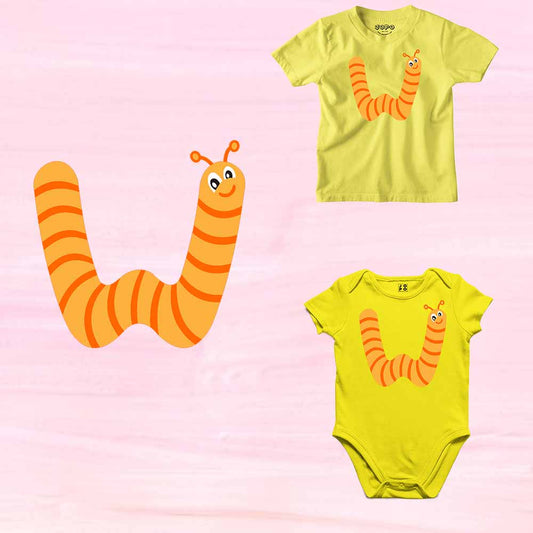 Kid's Alphabet W Worm Design Multicolor T-shirt/Romper