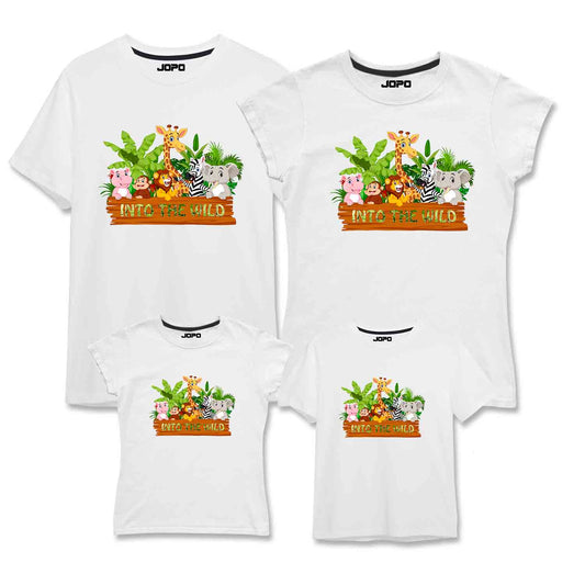 White Matching Family T-shirts with a colorful jungle theme design, including animals and the text 'Into the Wild'. 