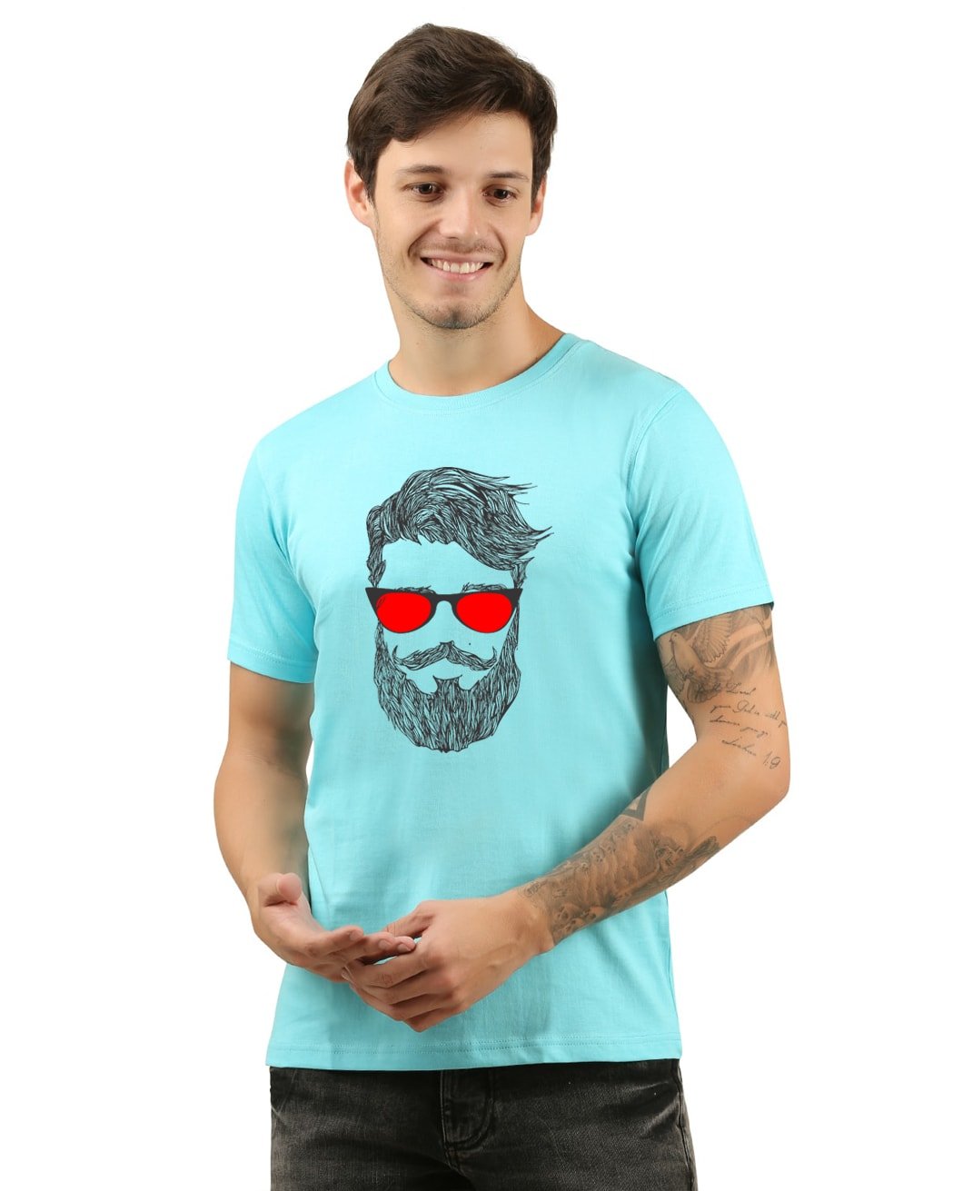 Beard printed tshirt men double color biowash roound neck aqua blue 180 GSM
