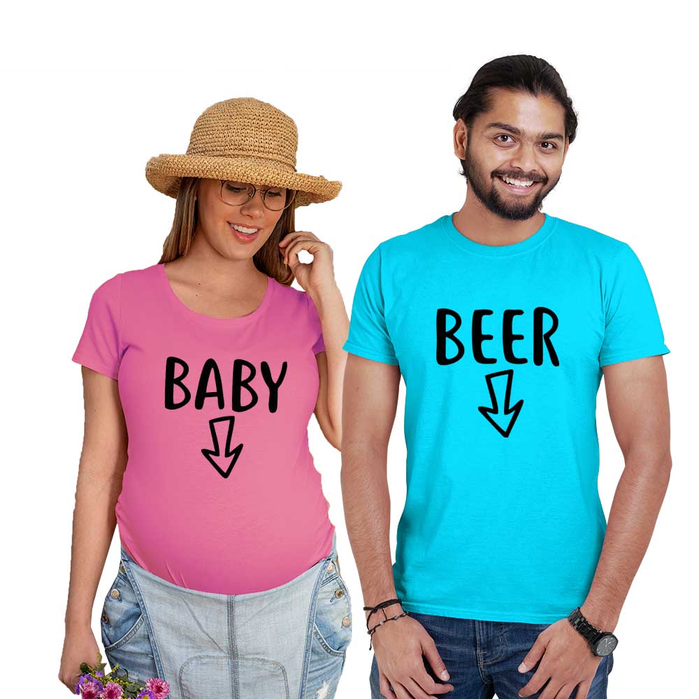 beer baby maternity couple blue pink