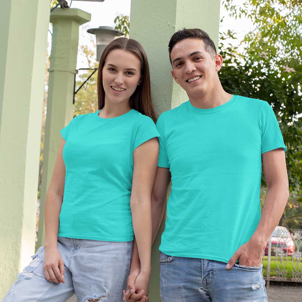 jopo Couple round neck half sleeve matching printed dress best outfit for outdoor photoshoot Custom image aqua blue