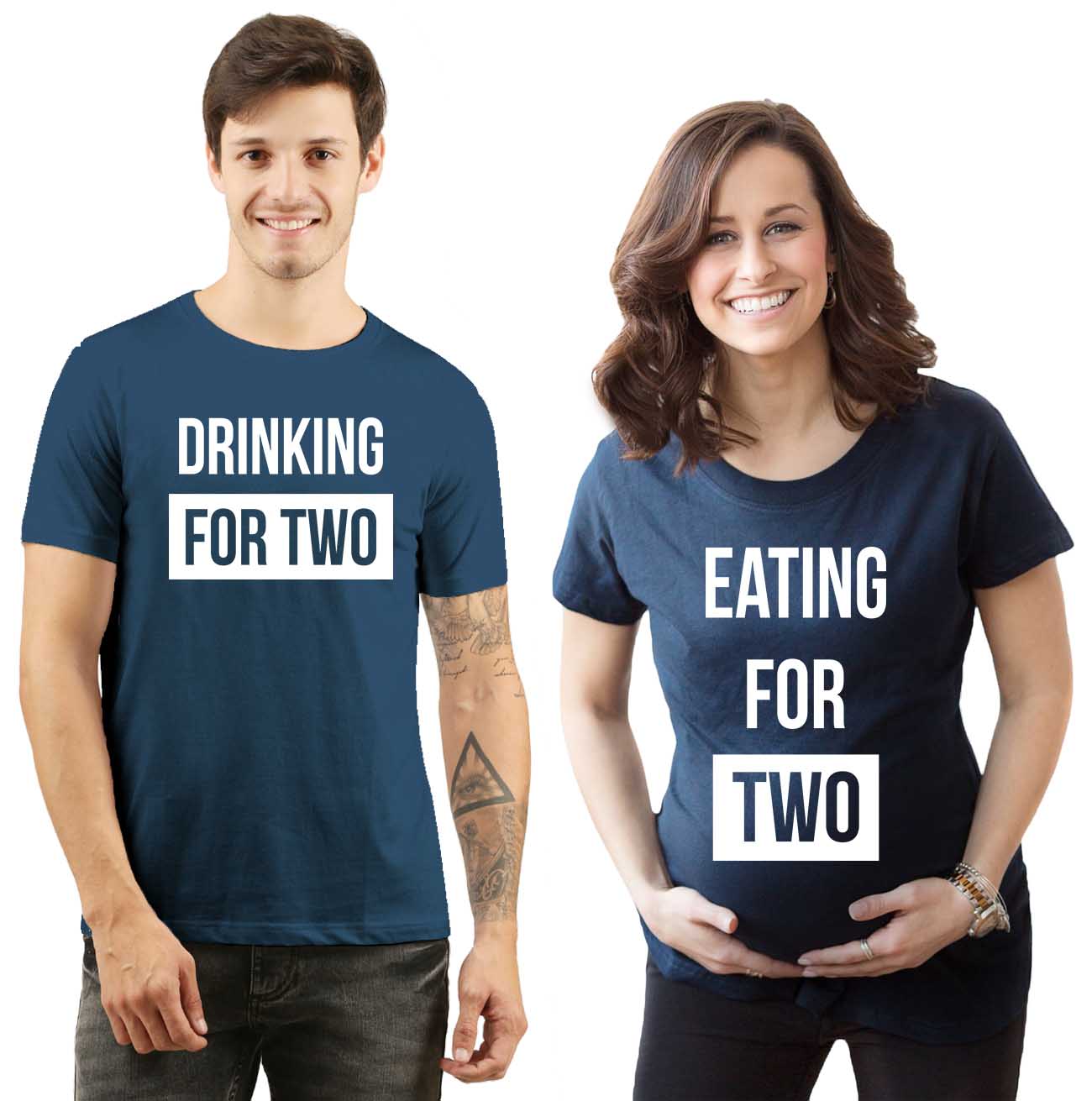 jopo maternity photoshoot ideas poses props indian pregnancy announcement quotes Proud Eating Drinking for two couples goal Matching T-shirts Navy Blue