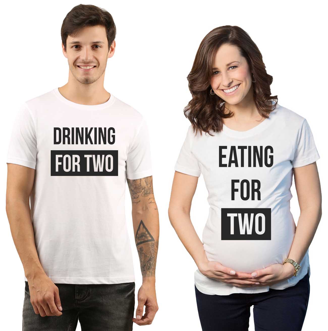 jopo maternity photoshoot ideas poses props indian pregnancy announcement quotes Proud Eating Drinking for two couples goal Matching T-shirts white