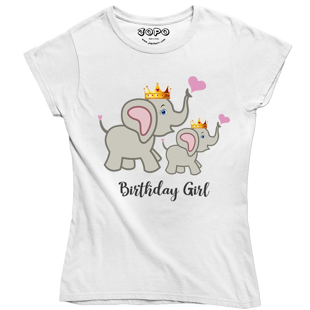 jopo kid girl tshirt round neck half sleeve elephant Birthday Girl theme white