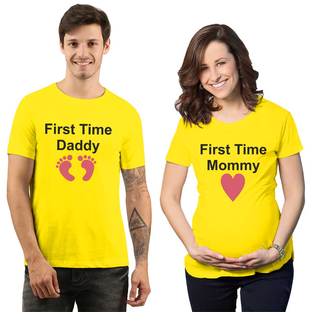 first time mommy daddy maternity couple yellow