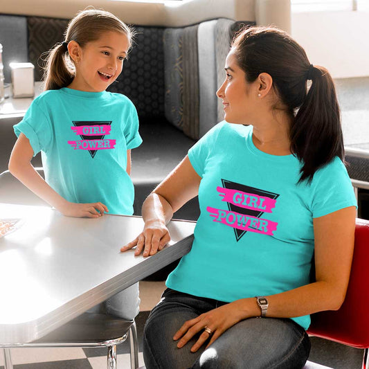 Girl Power Mom and Daughter Combo Matching T-Shirts aqua blue