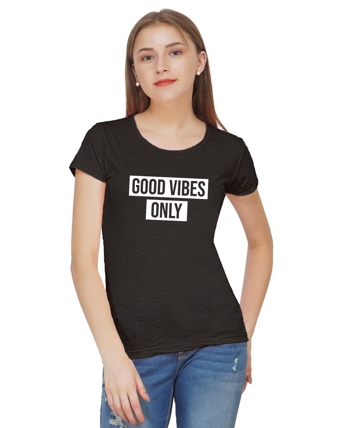 good vibes only black tshirt round neck women