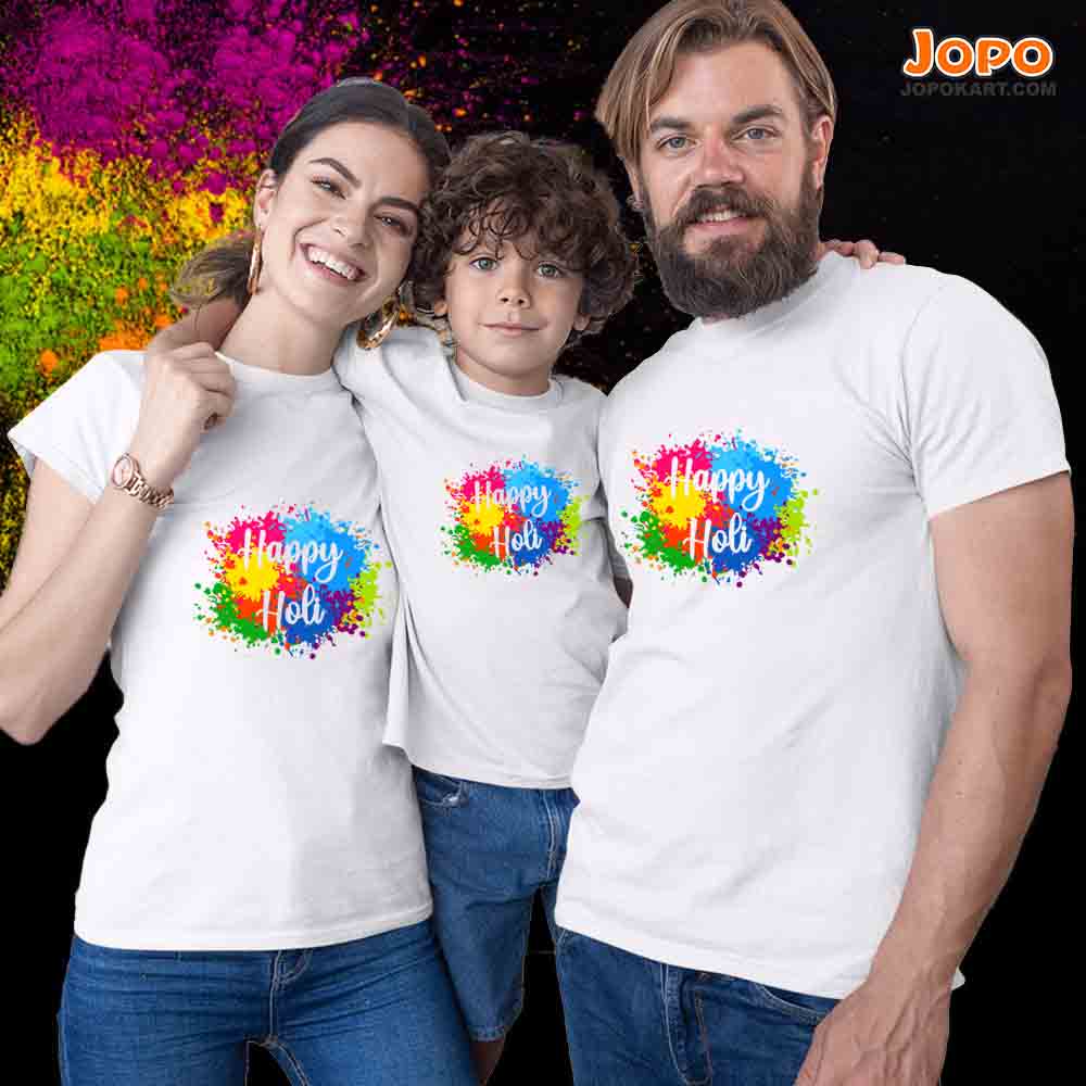 happy holi multicolour white family
