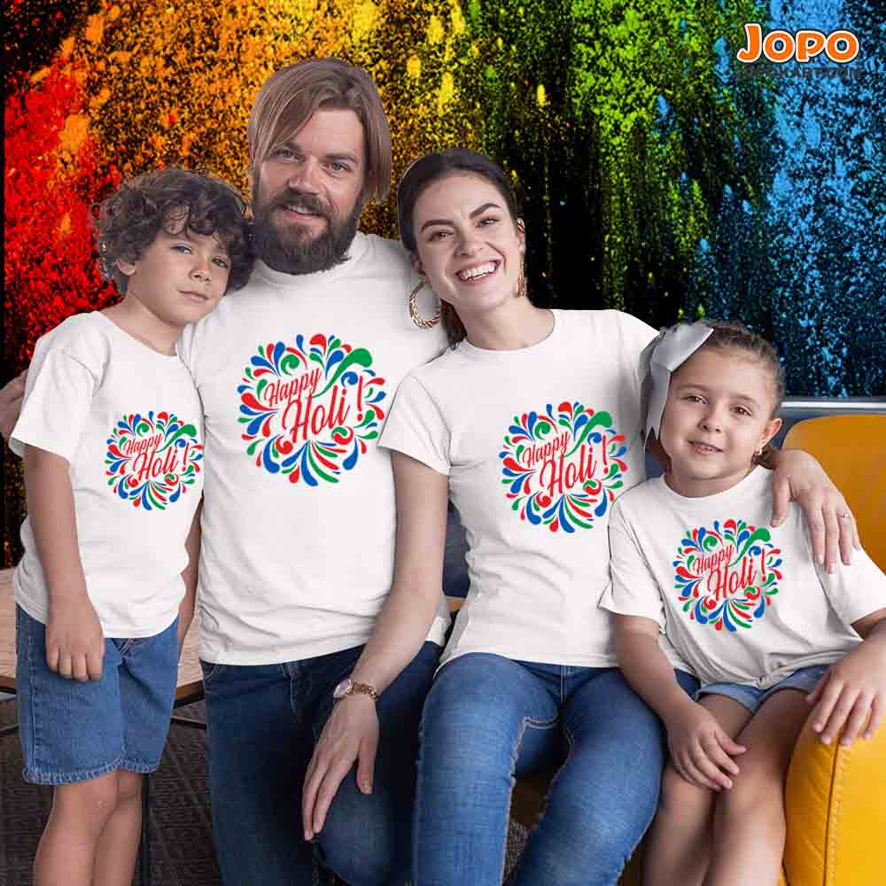 happy holi multicolour white pattern family