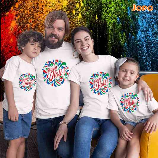 happy holi multicolour white pattern family