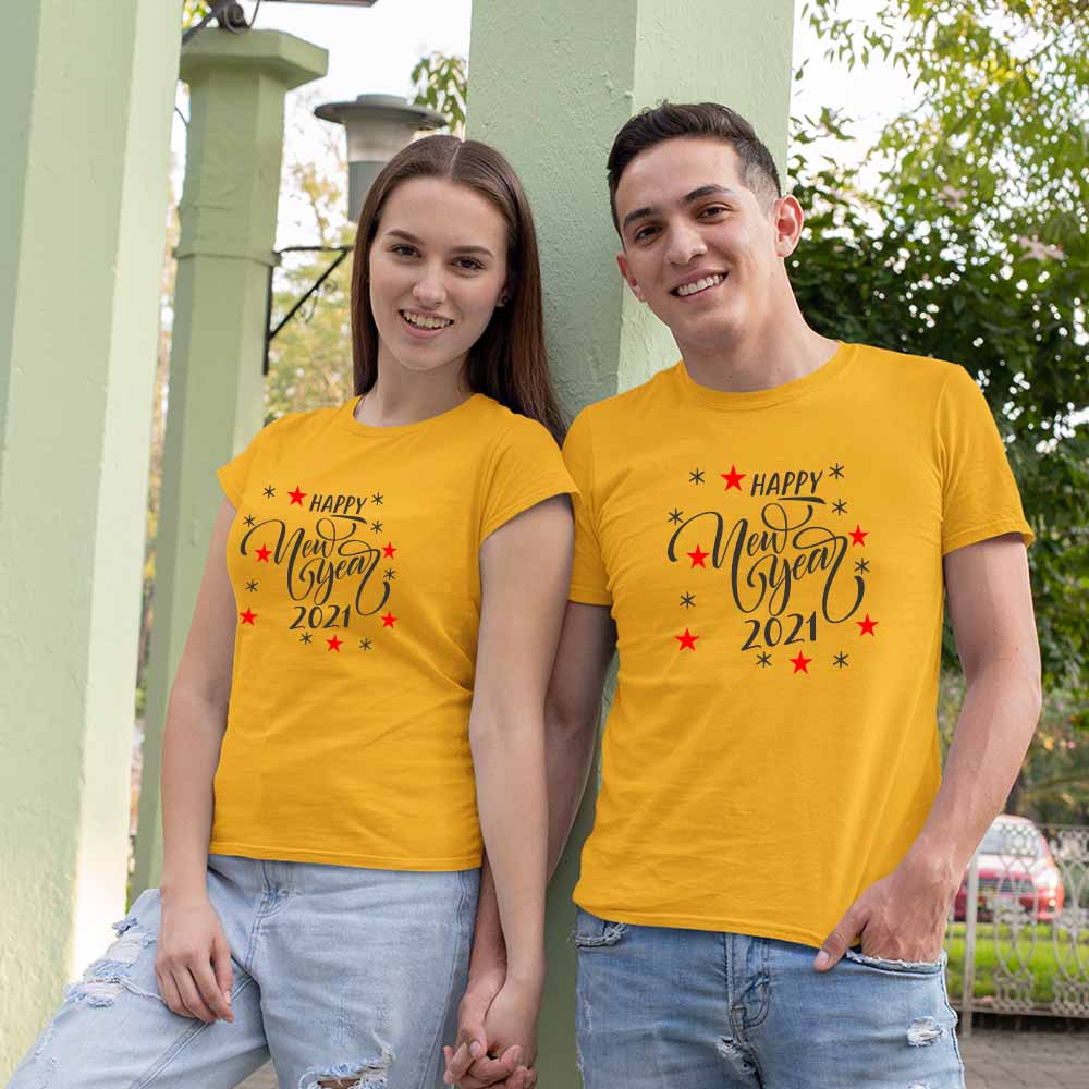 jopo couples round neck half sleeve happy new year 2021 celebration dress vacation photos mustard