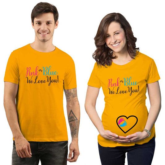 pink or blue maternity couple mustard